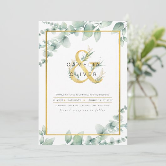 LeahG Eucalyptus Groene Bladeren Gouden TROUW QR C Kaart (Staand voorkant)