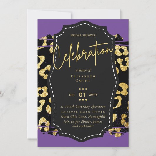 LeahG Glam Goud Paarse Dierafdrukken Bruiloftsborr Kaart (Voorkant)