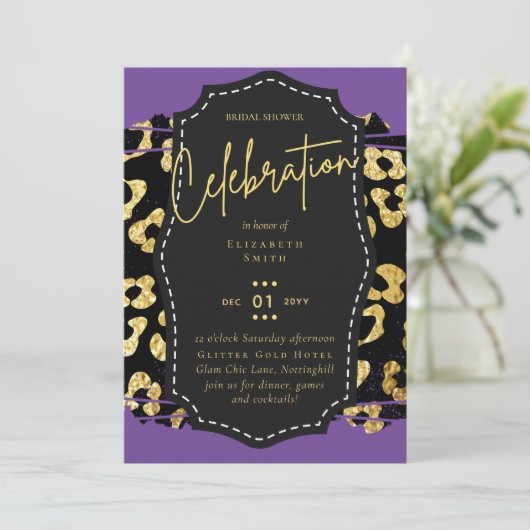 LeahG Glam Goud Paarse Dierafdrukken Bruiloftsborr Kaart (Staand voorkant)