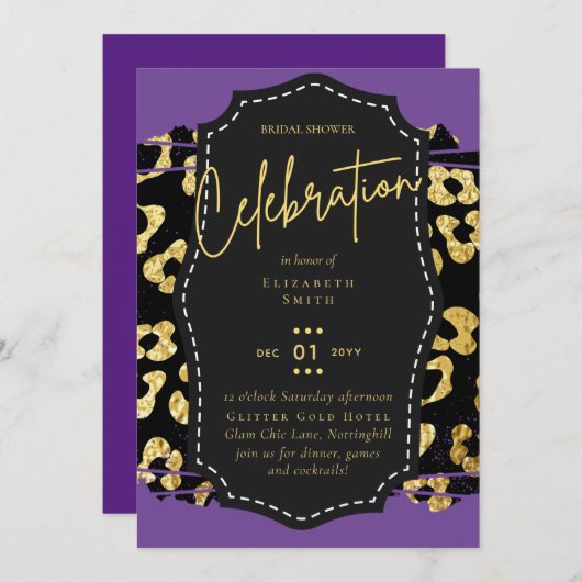 LeahG Glam Goud Paarse Dierafdrukken Bruiloftsborr Kaart (Voorkant / Achterkant)
