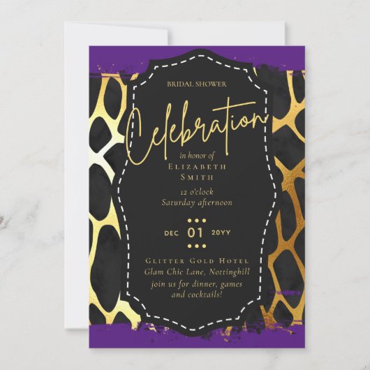 LeahG Glam Goud Paarse Dierafdrukken Bruiloftsborr Kaart (Voorkant)