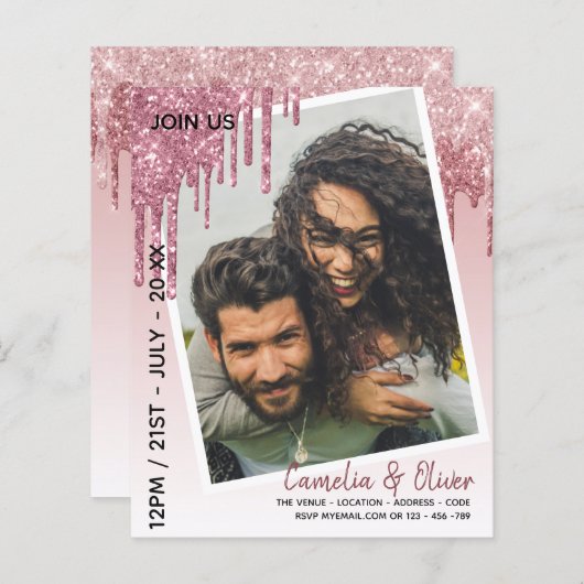 LeahG Glitter Drips Foto Overlay Huwelijksuitnodig (Voorkant / Achterkant)