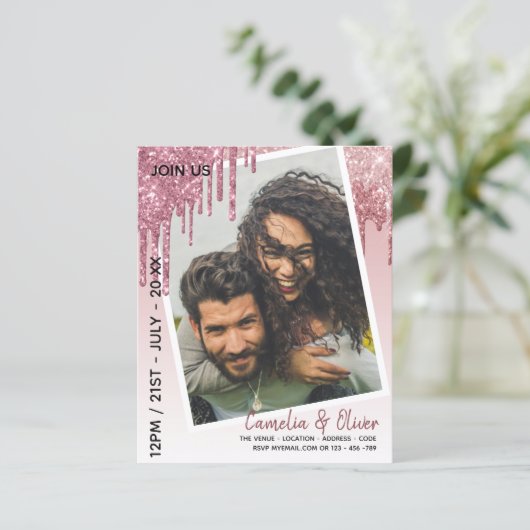 LeahG Glitter Drips Foto Overlay Huwelijksuitnodig (Staand voorkant)