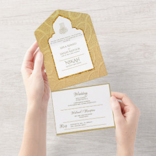 LeahG Gold Paisley Islamitische Moslim Bruiloft Ui All In One Uitnodiging