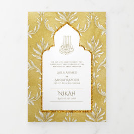 LeahG Goud Wit Islamitisch Moslim Bruiloft Uitnodi Drieluik Uitnodiging