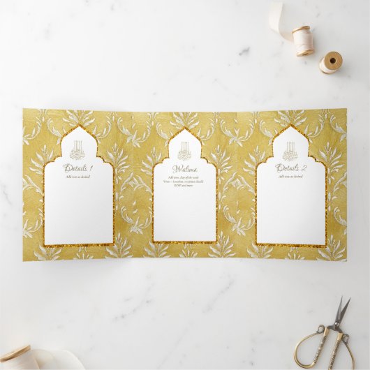 LeahG Goud Wit Islamitisch Moslim Bruiloft Uitnodi Drieluik Uitnodiging (Binnen)