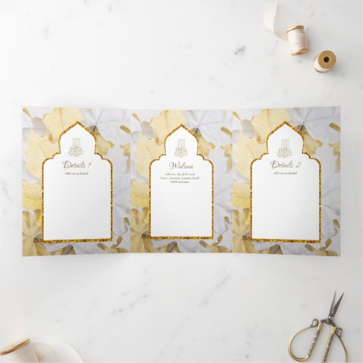 LeahG Goud Wit Islamitisch Moslim Bruiloft Uitnodi Drieluik Uitnodiging (Binnen)