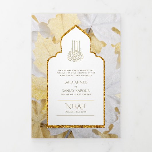LeahG Goud Wit Islamitisch Moslim Bruiloft Uitnodi Drieluik Uitnodiging (Cover)