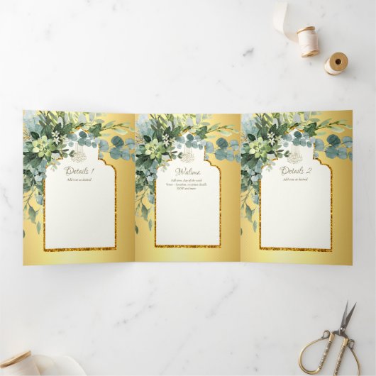 LeahG Goud Wit Islamitisch Moslim Bruiloft Uitnodi Drieluik Uitnodiging (Binnen)