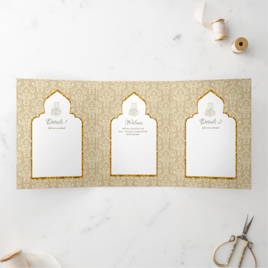 LeahG Goud Wit Islamitisch Moslim Bruiloft Uitnodi Drieluik Uitnodiging (Binnen)