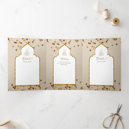 LeahG Goud Wit Islamitisch Moslim Bruiloft Uitnodi Drieluik Uitnodiging (Binnen)