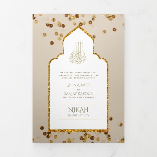 LeahG Goud Wit Islamitisch Moslim Bruiloft Uitnodi Drieluik Uitnodiging (Cover)