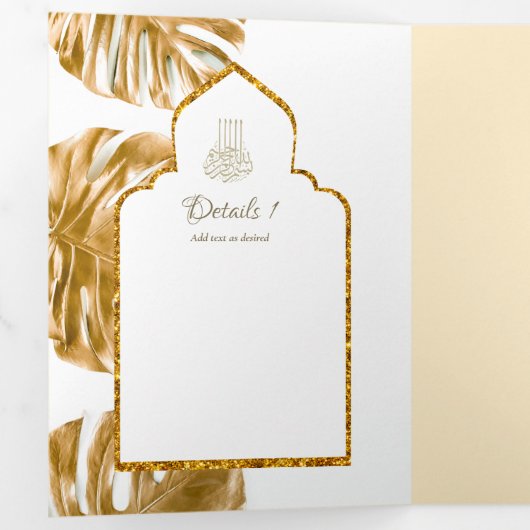 LeahG Goud Wit Islamitisch Moslim Bruiloft Uitnodi Drieluik Uitnodiging (Binnenzijde eerst)