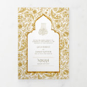 LeahG Goud Wit Islamitisch Moslim Bruiloft Uitnodi Drieluik Uitnodiging (Cover)