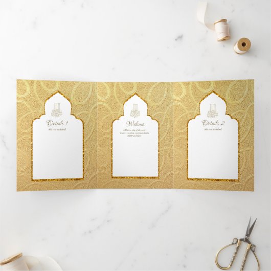 LeahG Goud Wit Islamitisch Moslim Bruiloft Uitnodi Drieluik Uitnodiging (Binnen)