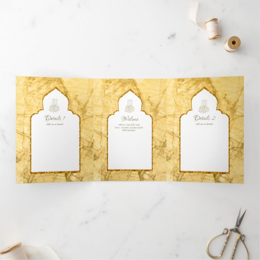 LeahG Gouden Witte Islamitische Moslim Trouwkaarte Drieluik Uitnodiging (Binnen)