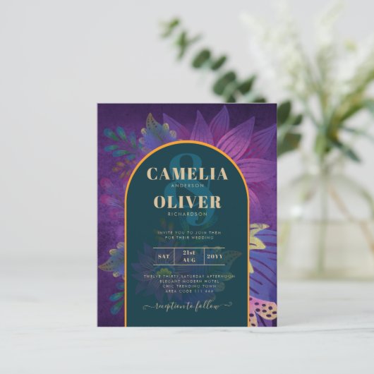 LeahG Green Paars Gold JEWEL TONES Wedding INVITE (Staand voorkant)