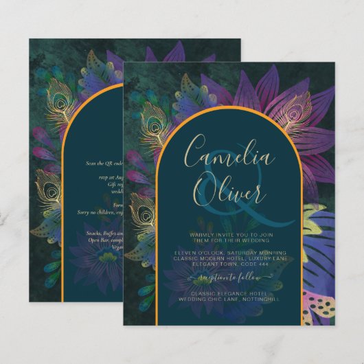 LeahG Green Paars Gold JEWEL TONES Wedding INVITE (Voorkant / Achterkant)