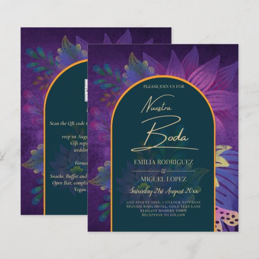 LeahG Green Paars Gold JEWEL TONES Wedding INVITE (Voorkant / Achterkant)