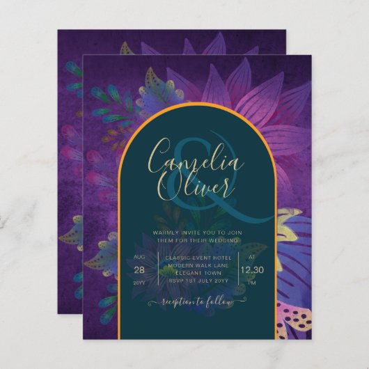 LeahG Green Paars Gold JEWEL TONES Wedding INVITE (Voorkant / Achterkant)