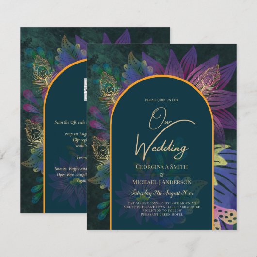 LeahG Green Paars Gold JEWEL TONES Wedding INVITE (Voorkant / Achterkant)