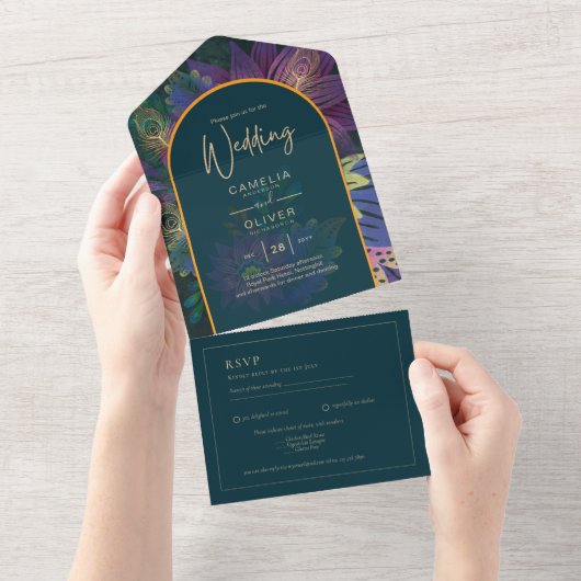 LeahG Green Paars Gold JEWEL TONES Wedding INVITE All In One Uitnodiging (Afscheurbaar)