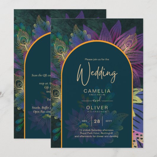 LeahG Green Paars Gold JEWEL TONES Wedding INVITE Kaart (Voorkant / Achterkant)