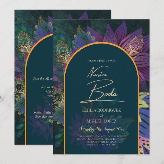 LeahG Green Paars Gold JEWEL TONES Wedding INVITE Kaart (Voorkant / Achterkant)