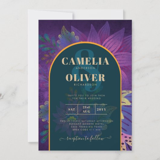 LeahG Green Paars Gold JEWEL TONES Wedding INVITE Kaart (Voorkant)