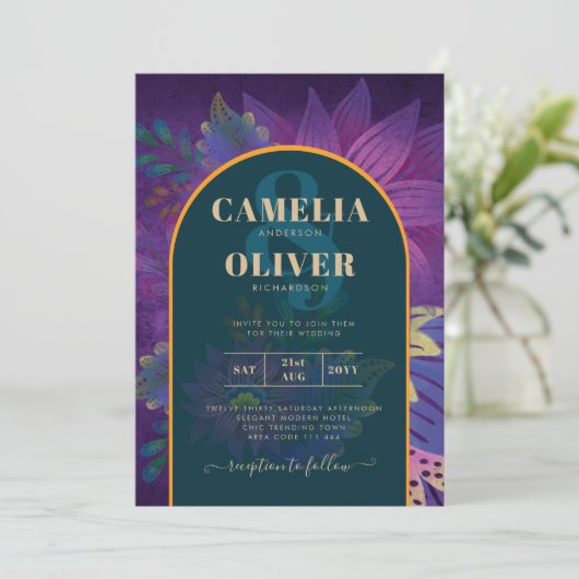 LeahG Green Paars Gold JEWEL TONES Wedding INVITE Kaart (Staand voorkant)