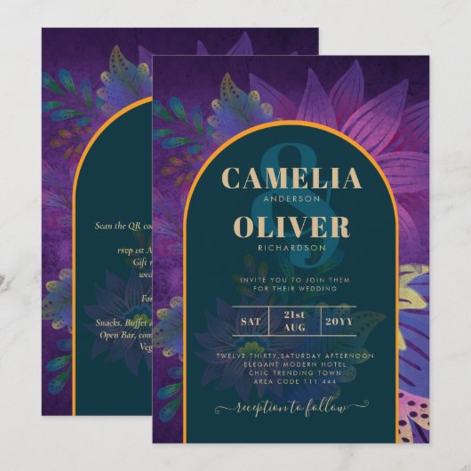 LeahG Green Paars Gold JEWEL TONES Wedding INVITE Kaart (Voorkant / Achterkant)