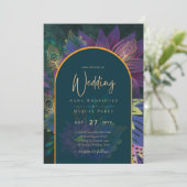 LeahG Green Paars Gold JEWEL TONES Wedding INVITE Kaart (Staand voorkant)
