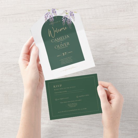 LeahG Green Paars Gold WISTERIA Wedding INVITE All In One Uitnodiging (Afscheurbaar)