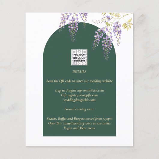 LeahG Green Paars Gold WISTERIA Wedding INVITE Flyer (Achterkant)
