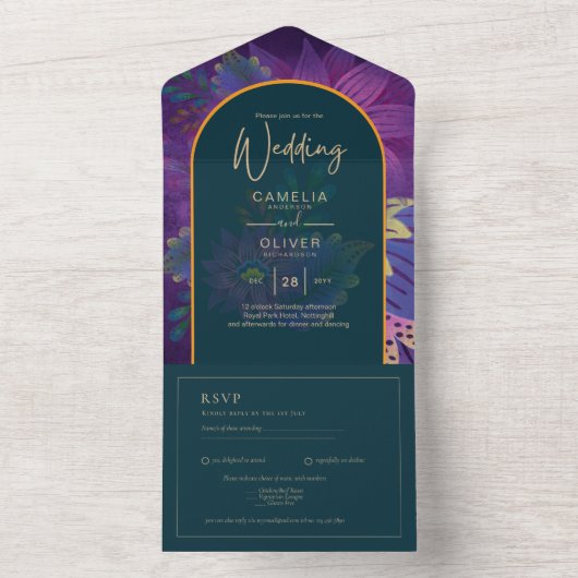 LeahG Green Paars Goud JEWEL TONES Trouw UITNODIGI All In One Uitnodiging (Binnen)