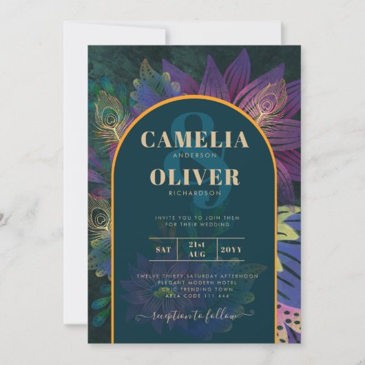 LeahG Green Paars Goud JEWEL TONES Trouw UITNODIGI Kaart (Voorkant)