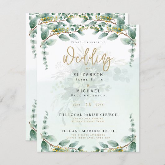 LeahG Greenery Eucalyptus Gold Wedding Invite QR C (Voorkant / Achterkant)