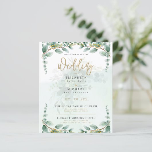 LeahG Greenery Eucalyptus Gold Wedding Invite QR C (Staand voorkant)