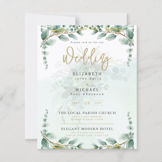 LeahG Greenery Eucalyptus Gold Wedding Invite QR C (Voorkant)
