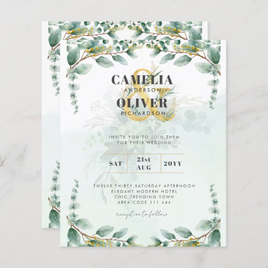 LeahG Greenery Eucalyptus Gold Wedding Invite QR C (Voorkant / Achterkant)