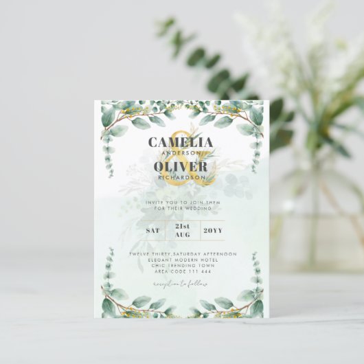 LeahG Greenery Eucalyptus Gold Wedding Invite QR C (Staand voorkant)