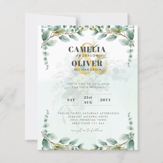 LeahG Greenery Eucalyptus Gold Wedding Invite QR C (Voorkant)