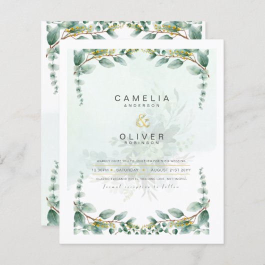 LeahG Greenery Eucalyptus Gold Wedding Invite QR C (Voorkant / Achterkant)
