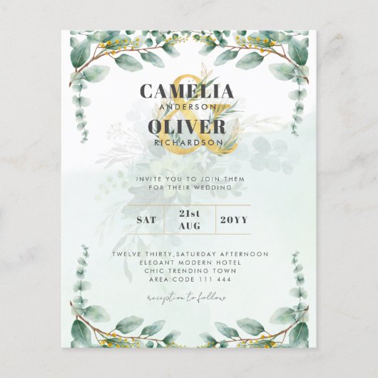 LeahG Greenery Eucalyptus Gold Wedding Invite QR C Flyer (Voorkant)