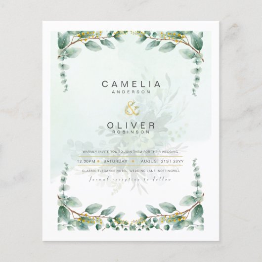 LeahG Greenery Eucalyptus Gold Wedding Invite QR C Flyer (Voorkant)