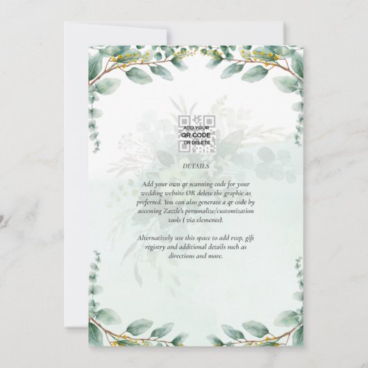 LeahG Greenery Eucalyptus Gold Wedding Invite QR C Kaart (Achterkant)