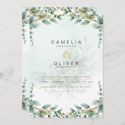LeahG Greenery Eucalyptus Gold Wedding Invite QR C Kaart (Voorkant / Achterkant)