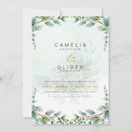 LeahG Greenery Eucalyptus Gold Wedding Invite QR C Kaart
