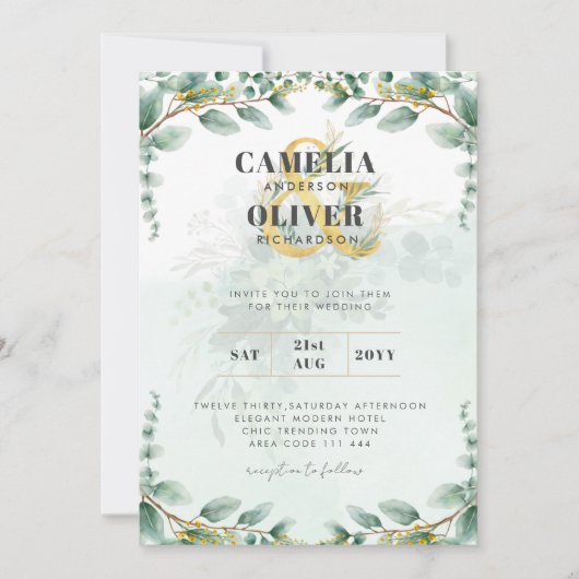 LeahG Greenery Eucalyptus Gold Wedding Invite QR C Kaart (Voorkant)