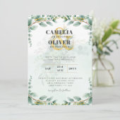 LeahG Greenery Eucalyptus Gold Wedding Invite QR C Kaart (Staand voorkant)